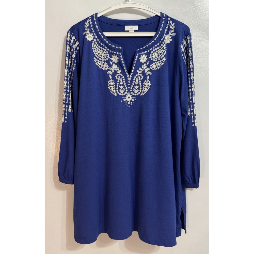 J JILL Large Embroidered Peasant Tunic Top 3/4 Sleeve Cotton Tencel Lapis Blue